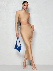 SHEIN BAE Stand Collar Long Sleeve Cropped Top And Skirt 2pcs/Set - Apricot - View 7