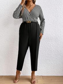 Celure 拼接千鳥格紋長袖連身褲 - 黑色 - 查看 6