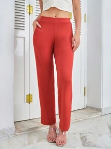 Màu thuần Eo đàn hồi Dài Quần - màu nâu - Xem 5