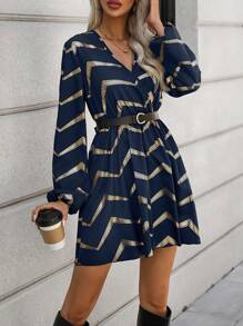 SHEIN LUNE 女千鳥格印花燈籠袖連身裙 - 藏蓝色 - 查看 1