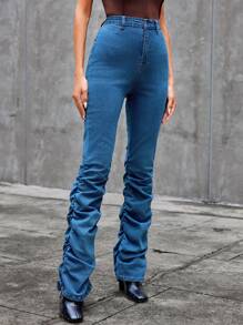 SHEIN Essnce Women's Denim Pants With Folded Hem - Medium Wash - View 4