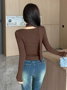 DAZY Solid Color Square Neck Slim Fit Sweater - Brown - View 2