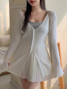 DAZY V-neck Split Hem Long Sleeve Sweater - White - View 4