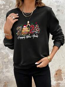 SHEIN LUNE 1pc Casual Round Neck Drop Shoulder Sleeve Sweatshirt With Text Print - Black - View 5