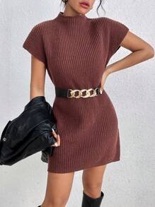 SHEIN Essnce Một nửa Áo cao cổ Dơi Tay áo Đầm Áo len Không có thắt lưng - Màu nâu Sô-cô-la - Xem 1