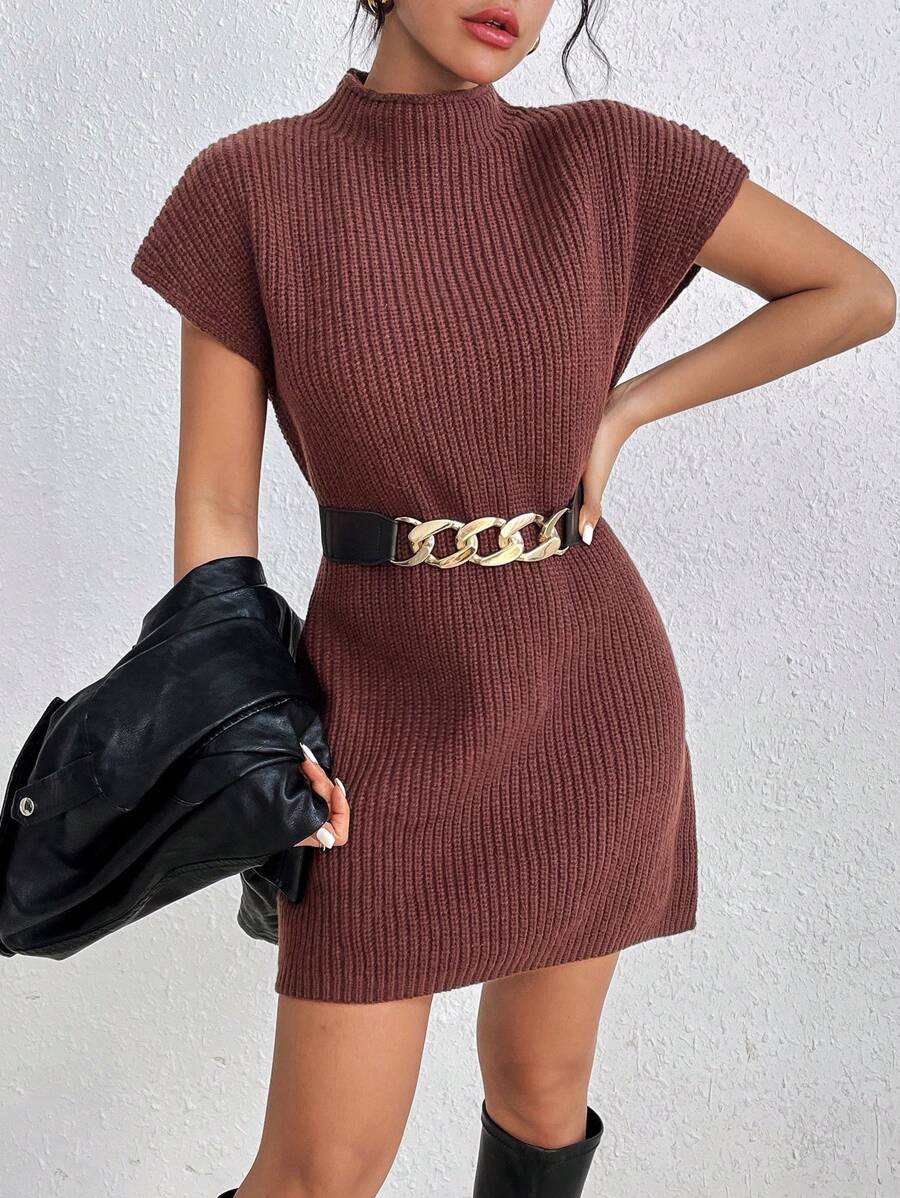 SHEIN Essnce Một nửa Áo cao cổ Dơi Tay áo Đầm Áo len Không có thắt lưng - Màu nâu Sô-cô-la - Xem 1