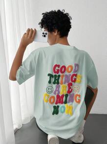 SHEIN Cottnline تي شيرت كاجوال بأكمام قصيرة وتصميم طباعة نصية - أخضر - مشاهدة 6