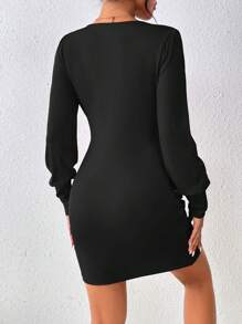 RosyDaze Women Black Pencil V-Neck Wrap Ruched Lantern Sleeve Bodycon Mini Dress