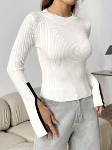SHEIN Unity 女款圓領長袖毛衣 - 白色 - 查看 3