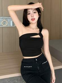 Dazy Star Xu hướng: Cắt giảm Một bờ vai Top Cây trồng - màu đen - Xem 4