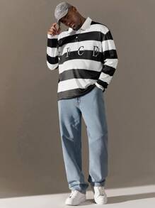 SHEIN Manfinity Homme Loose Fit Men's Plus Size Polo Shirt With Contrast Stripes And Letter Print