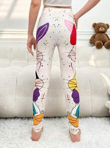 Teen Girl Ink-Splatter Cute Cartoon Printed Leggings - White - View 2