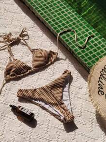 SHEIN Swim Striped Triangle Cup Halter Neck Bikini Set Wedding Summer Beach