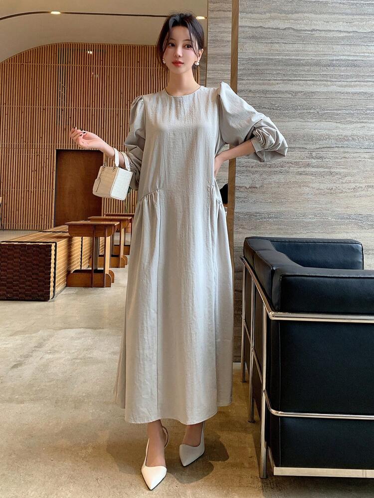 Lantern Sleeve Smock Dress, Fall Clothes Long Sleeve Dress