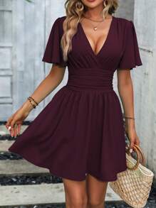 Wandoria Wrap Neckline Bell Sleeve Dress - Red Violet - View 5