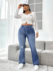 SHEIN EZwear Plus Size Distressed Water Washed Flared Jeans - Medium Wash - View 5