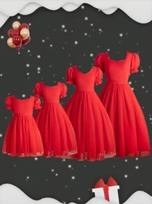 Vestido De Princesa Rojo Con Mangas Abullonadas Transparentes Y Cintura Ajustada Para Uso Diario, Primavera Y Verano - Rojo - Ver 7
