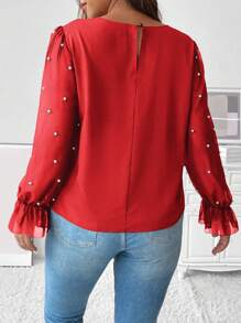 Celure Plus Size Women's Lotus Leaf Sleeve Shirt With Faux Pearl Decor - Red - View 2