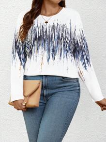 SHEIN LUNE Printed Loose Fit Plus Size Round Neck Long Sleeve T-shirt - White - View 4