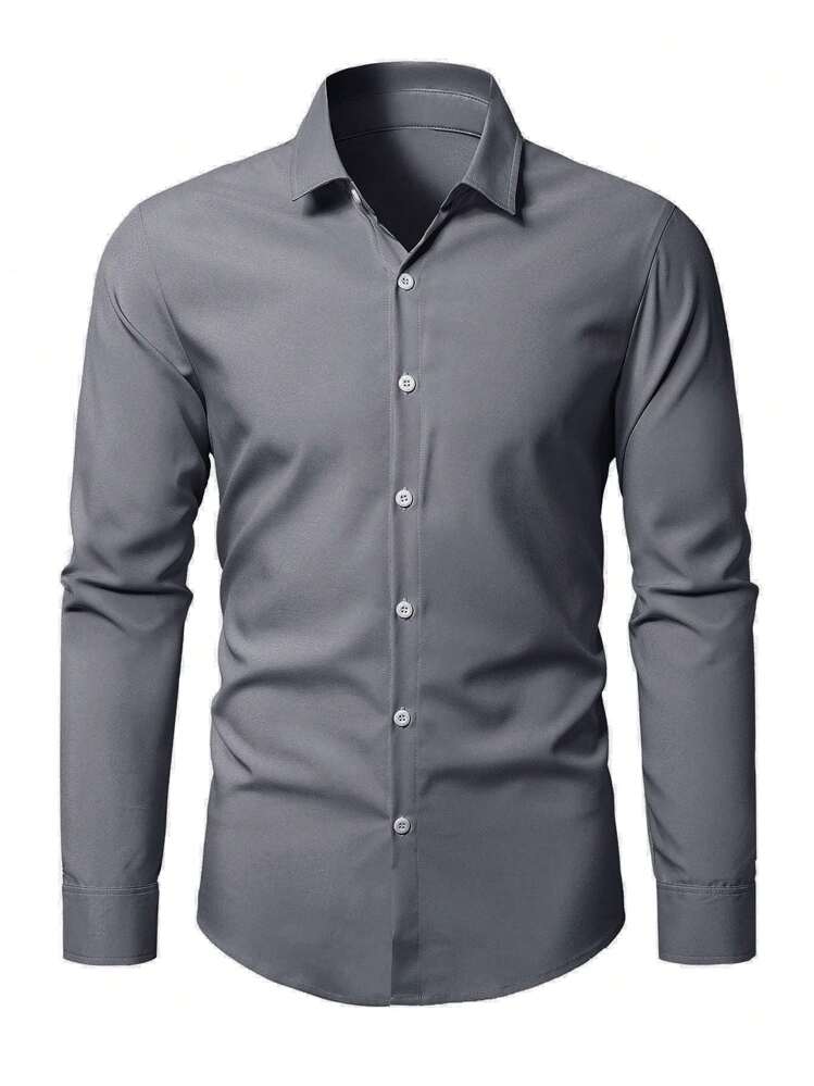 Manfinity Mode Men Button Front Solid Shirt, Men Gray Shirt, Slim Fit Dress Shirt, Dark Gray Shirt - Dark Grey - View 5