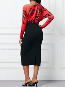 SHEIN Lady Damen Langarm Bodysuit mit asymmetrischem Kragen und Buchstaben Muster