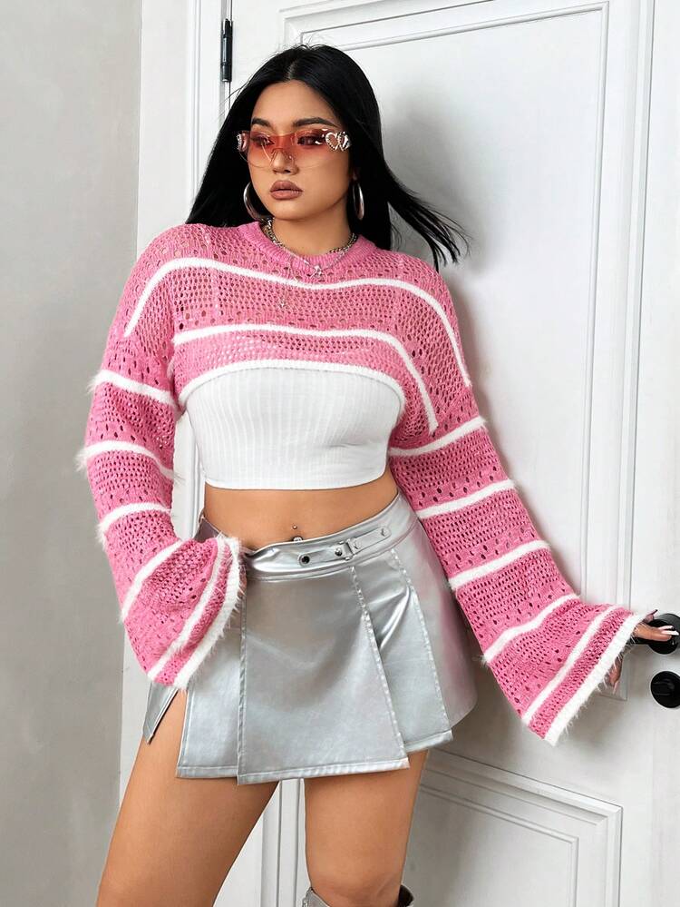 Plus Size Striped Cropped Sweater With Round Neck