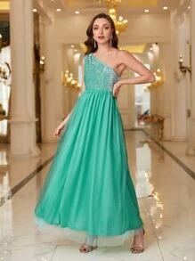 SHEIN Belle Robe asymétrique avec col en sequins et contraste en maille - Vert menthe - Voir 3