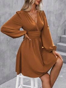 SHEIN Clasi 交叉領口花燭袖裙 - 亮橙色 - 查看 5