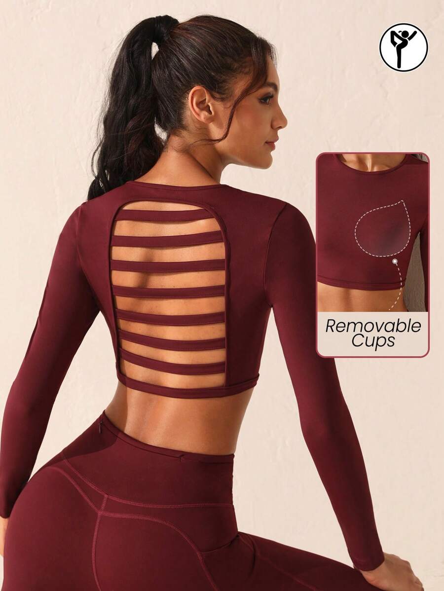 Core Rhythm Solid Color Short Cropped Sports T-shirt With Hollow Out Back - Purple - View 1