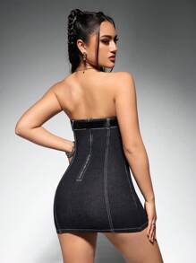 SHEIN EZwear Strapless Denim Dress With Belt For Slim Fit