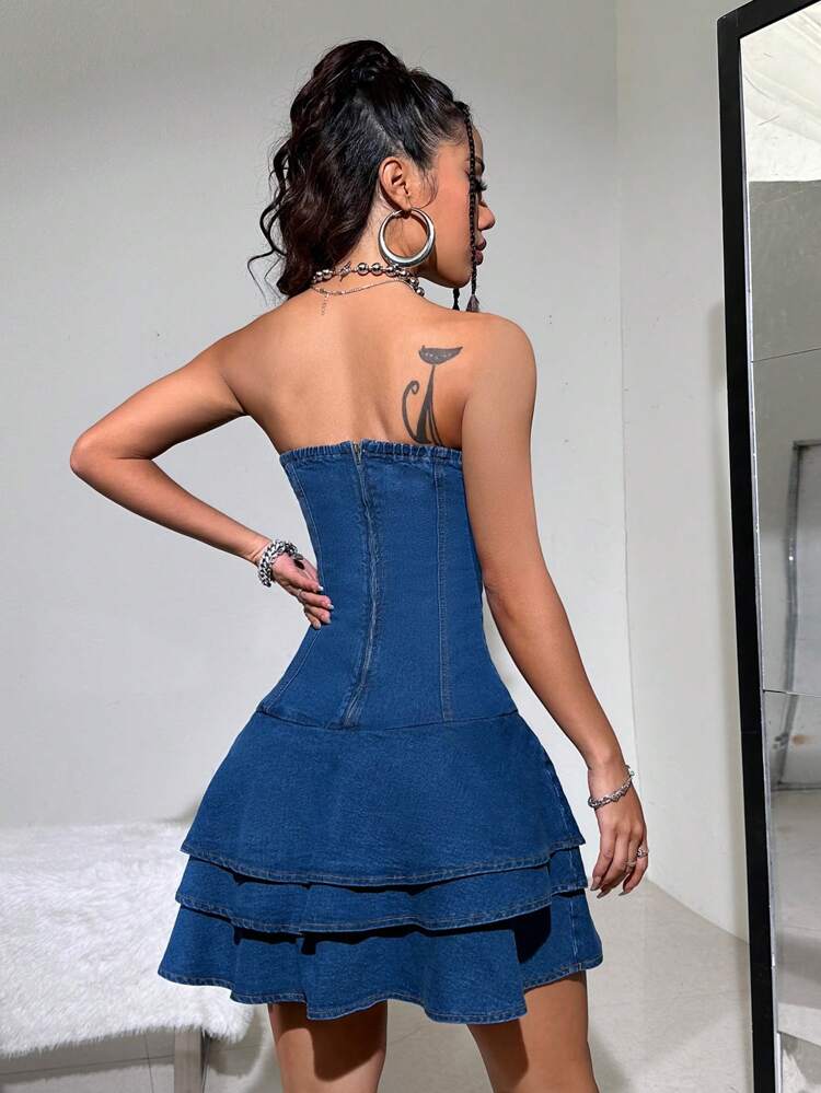 Y2k Blue Stretchy Women'S Casual Slim Fit Rhinestone Studded Strapless Mini Denim Dress