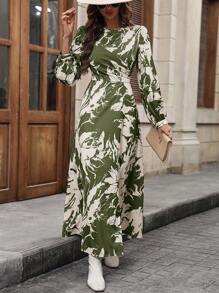 SHEIN Clasi 全身印花燈籠袖連身裙 - 彩色 - 查看 3