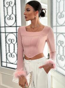 SHEIN Privé Elegant Feather Detail Slim Fit Long Sleeve T-Shirt With Square Neckline For New Year - Dusty Pink - View 5