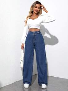 SHEIN Privé Solid Color High Waist Jeans - Dark Wash - View 5