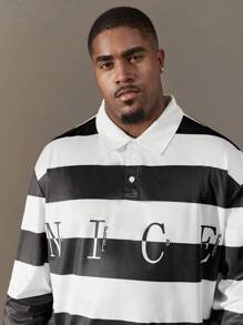 SHEIN Manfinity Homme Loose Fit Men's Plus Size Polo Shirt With Contrast Stripes And Letter Print
