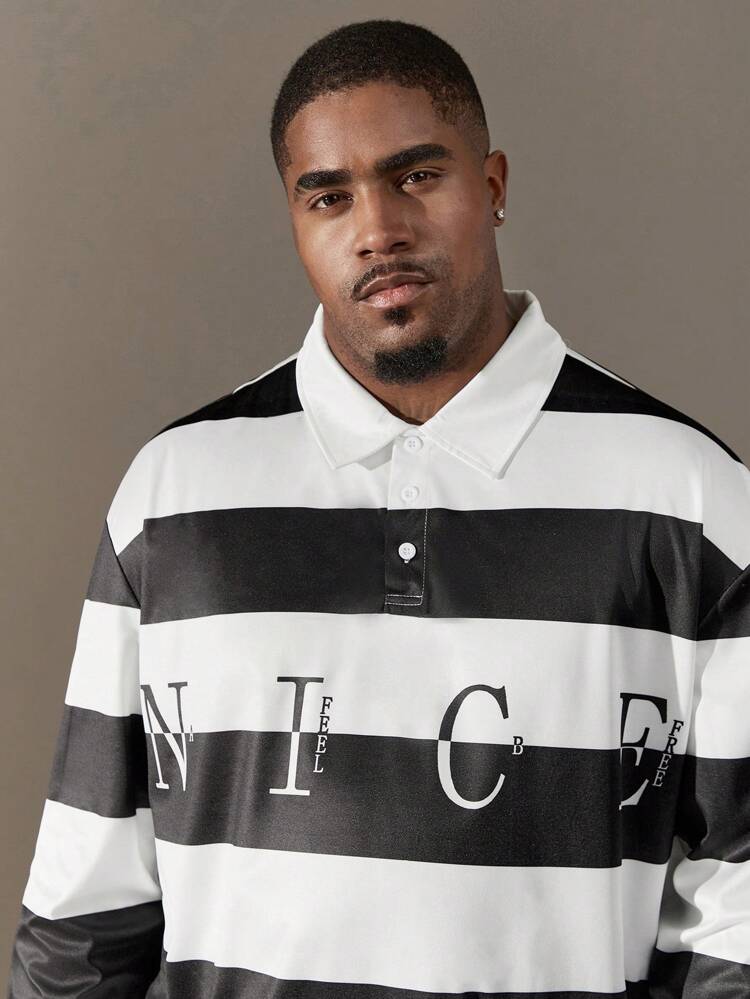 Loose Fit Men's Plus Size Polo Shirt With Contrast Stripes And Letter Print