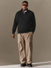 SHEIN Manfinity Homme 男士加大號半拉鍊套頭衫,設有斜肩袖 - 黑色 - 查看 4