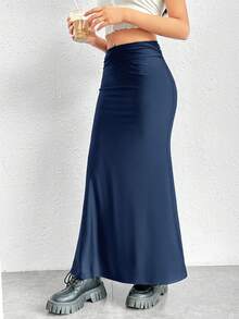 SHEIN EZwear Falda De Sirena Con Dobladillo De Color Sólido - Azul Marino - Ver 4