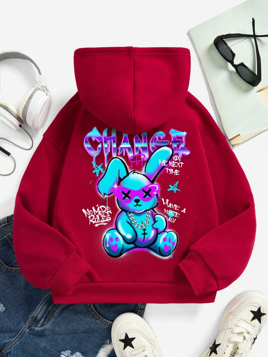 SHEIN 女童休閒圖案印花長袖連帽衛衣,適合秋冬 - 紅色 - 查看 1