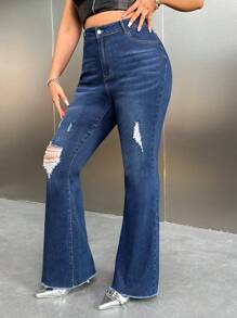 SHEIN ICON Y2K 女款蓝色弹力破洞高腰紧身喇叭牛仔裤 - 藍色 - 查看 6