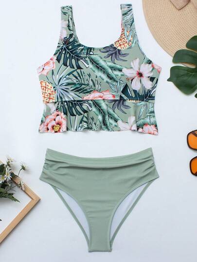 Teens' 2pcs/Set Tropical Floral Printed Ruffles Crinkled Beach Vacation Separated Tank Top And Tankini Bottom With Ruffle Edges