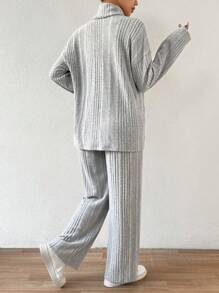 SHEIN Essnce Plain Color Turtleneck Casual 2-Piece Set - Grey - View 2