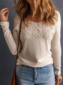 Acelitt Lace Spliced Long Sleeve T-Shirt - Beige - View 1