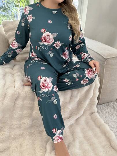 Women's Plus Size Floral Printed Long Sleeve Top And Long Pants Pajama Set, Fall Winter Clothes, Cozy Outfit