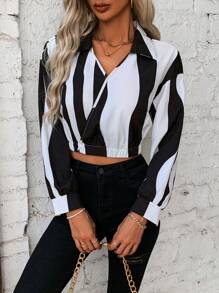 SHEIN Clasi 顏色塊短版 長袖襯衫 - 黑與白 - 查看 6