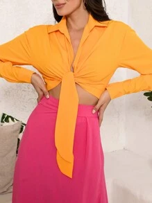 SHEIN Chất rắn Twist-Front Quần skinny Tay áo dài Áo sơ mi - Lạc đà - Xem 4