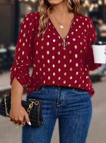 SHEIN Clasi 大尺碼金色橢圓點印花捲袖襯衫 - 紅色 - 查看 6