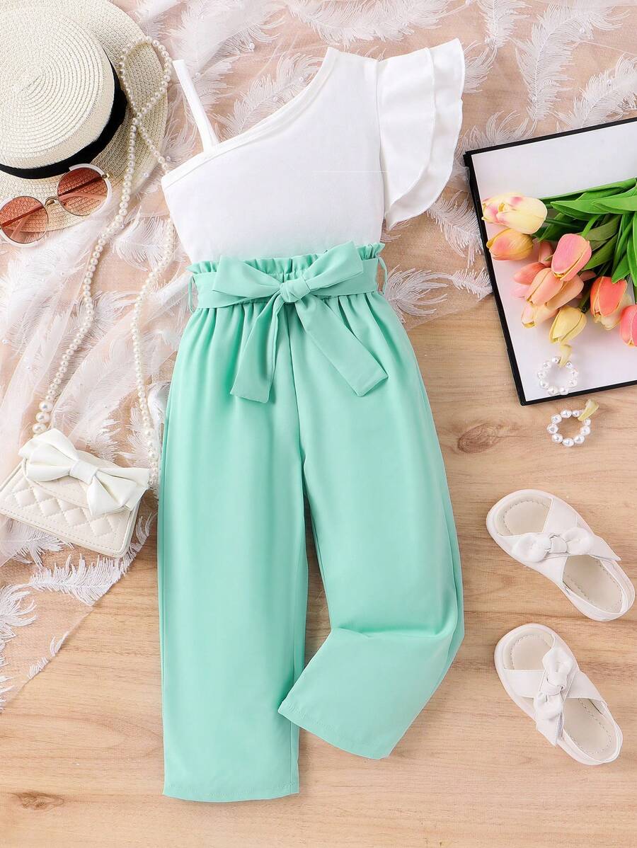 SHEIN Young Girl Top With Ruffle Trim And Paperbag Waist Pants, 2pcs/Set - Mint Green - View 1