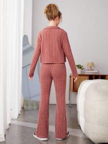 少女休閒立領拉鍊前短外套加長褲套裝 - 淺粉色 - 查看 2