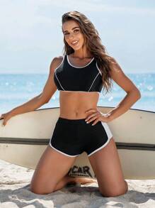 Swim SPRTY 夏季海滩女士高腰两件套比基尼套装带荷叶边下摆音乐节 - 黑與白 - 查看 5